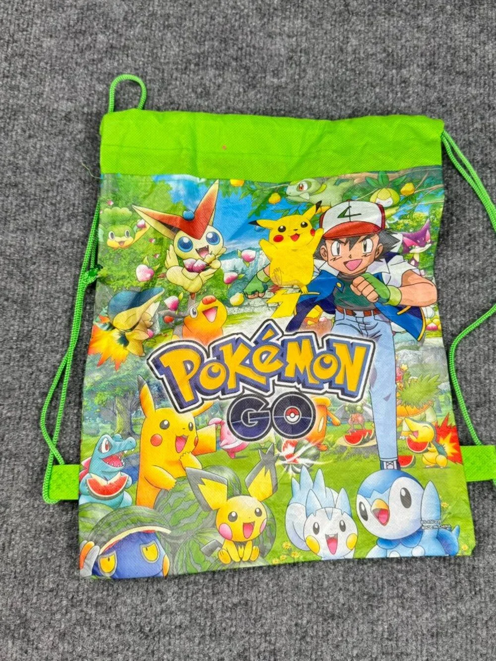 Pokemon Go Green Drawstring Backpack Gym Bag Kids Character Print Ash Pikachu